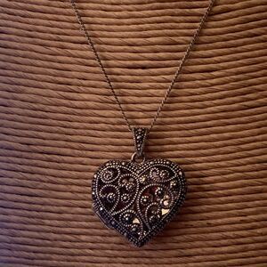 Genevieve & Grace Sterling Silver MARCASITE HEART Locket Necklace NEW Valentines